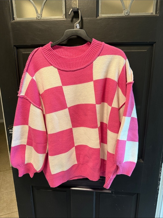 Sweaters - Pink and Cream Checkerboard Knit Sweater